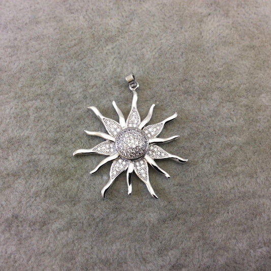 Large Silver Plated CZ Cubic Zirconia Inlaid Sunburst Shaped Copper Pendant - Measuring 37mm x 37mm  - Four Colors Available, See Related!