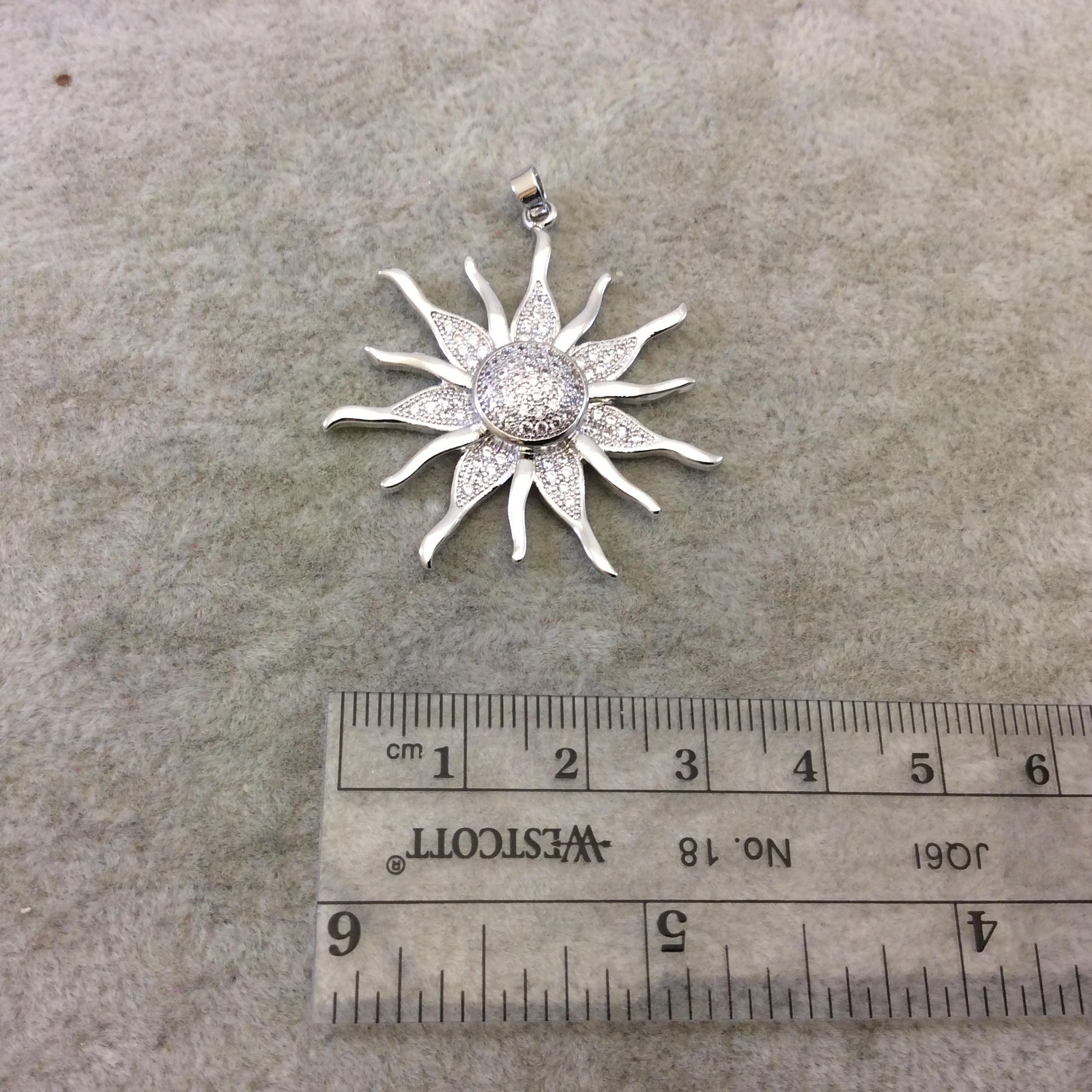 Large Silver Plated CZ Cubic Zirconia Inlaid Sunburst Shaped Copper Pendant - Measuring 37mm x 37mm  - Four Colors Available, See Related!