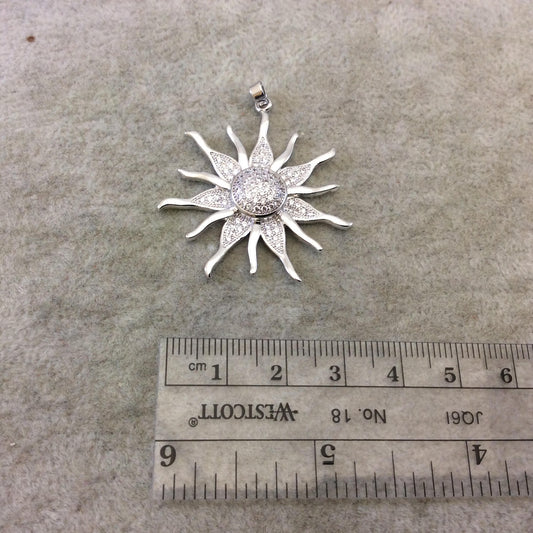 Large Silver Plated CZ Cubic Zirconia Inlaid Sunburst Shaped Copper Pendant - Measuring 37mm x 37mm  - Four Colors Available, See Related!