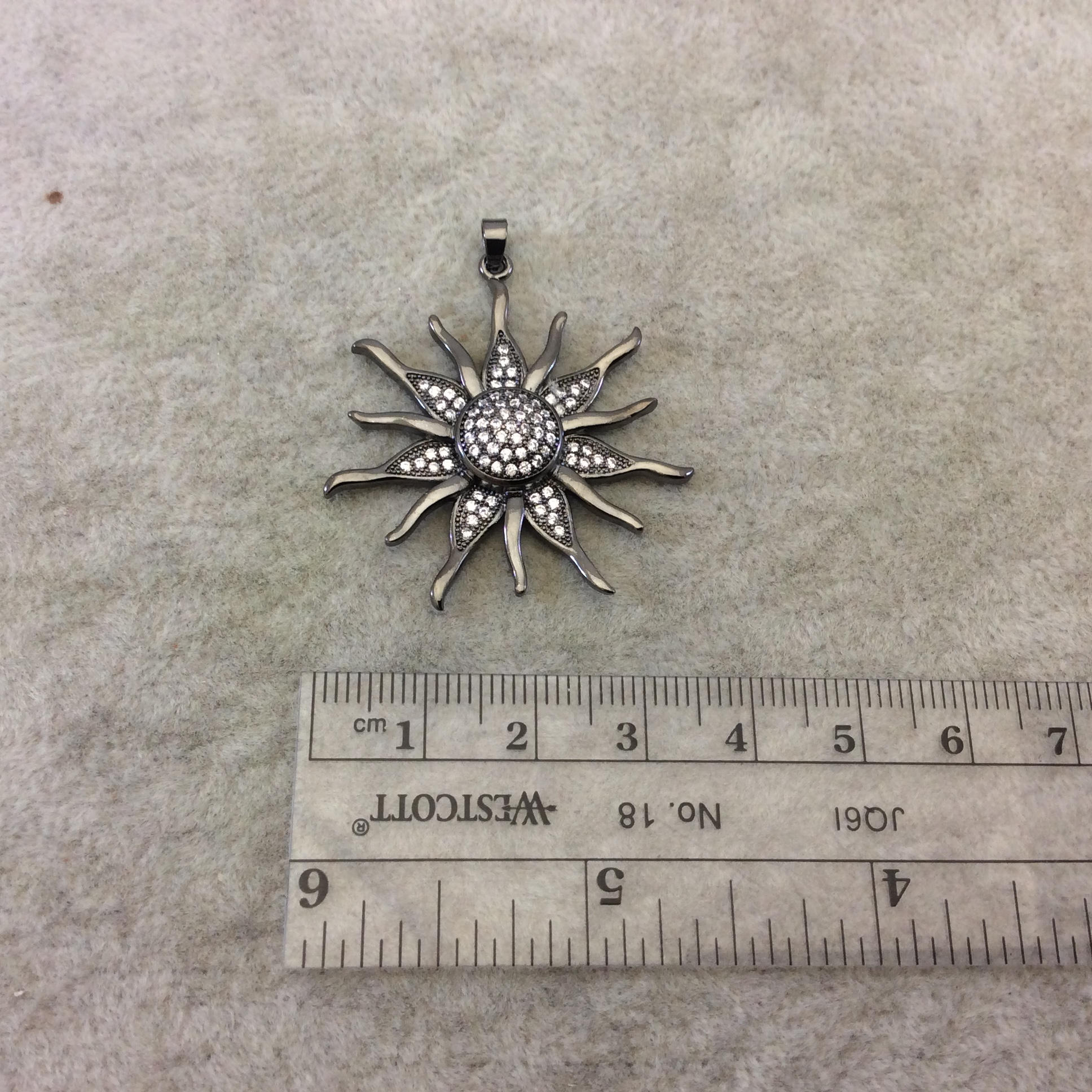 Large Gunmetal Plated CZ Cubic Zirconia Inlaid Sunburst Shaped Copper Pendant - Measures 37mm x 37mm  - Four Colors Available, See Related!