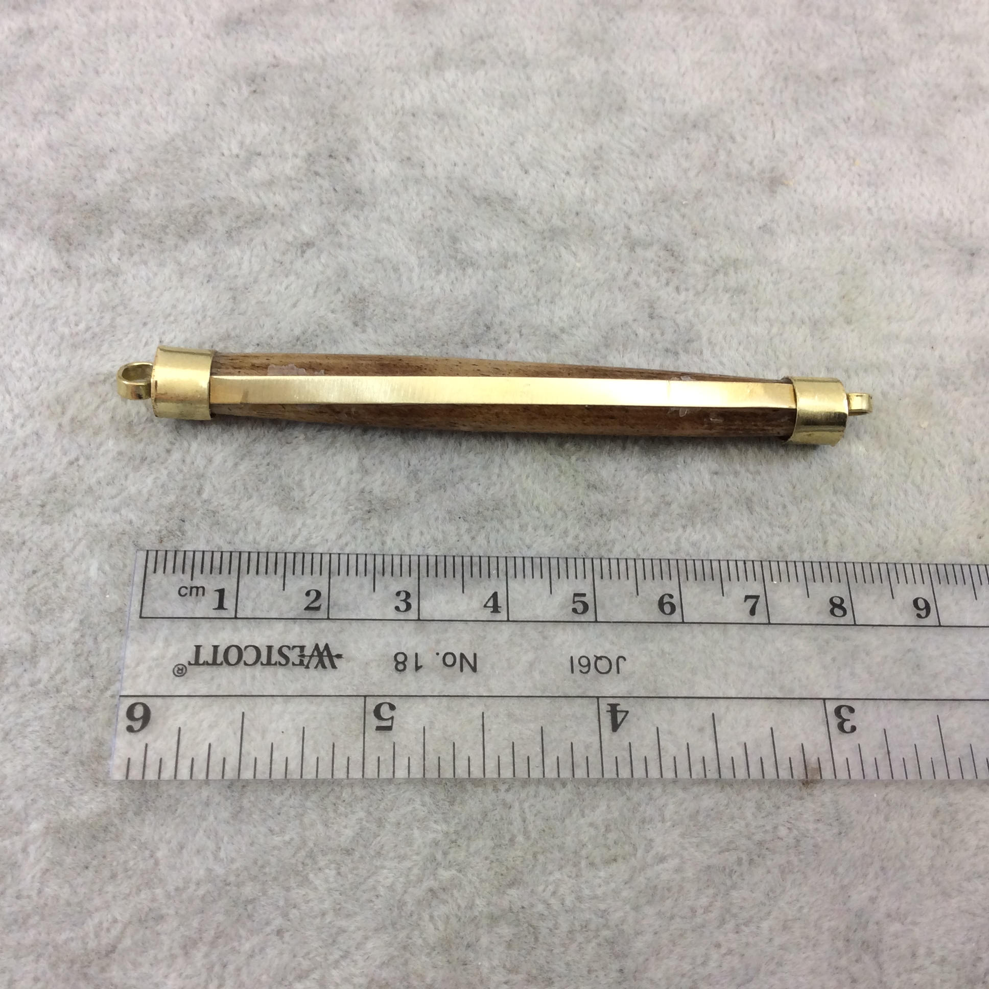 3" Light Brown Horizontal Bar/Spike Shaped Natural Ox Bone Connector with Gold Stripe- Measuring 10mm x 81mm Approximately (TR)