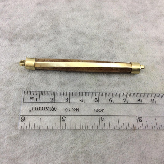 3" Light Brown Horizontal Bar/Spike Shaped Natural Ox Bone Connector with Gold Stripe- Measuring 10mm x 81mm Approximately (TR)