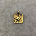 15mm x 15mm Oxidized Gold Plated Rustic Cast Standing Bird Icon Copper Square Shaped Pendant with Attached Ring  - Sold Individually! (K-2)