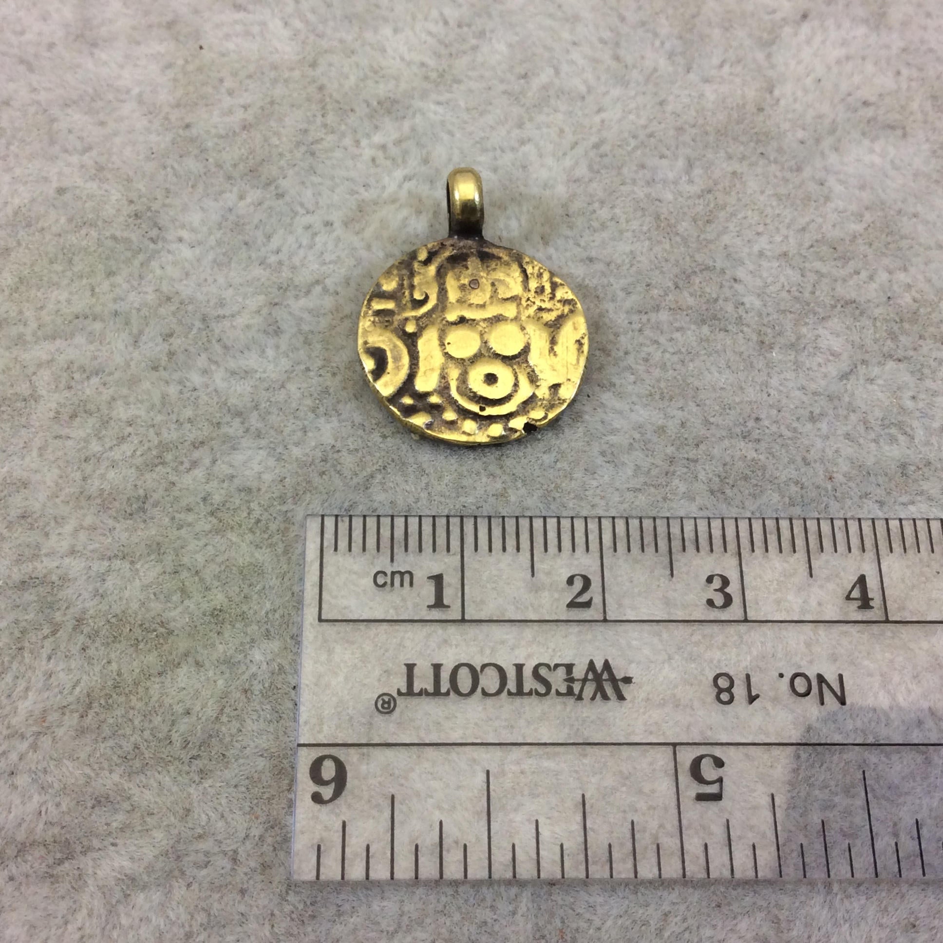 17mm x 17mm Oxidized Gold Plated Rustic Cast Embossed Icon Copper Round Shaped Pendant w/ Attached Ring  - Sold Individually (K-7)
