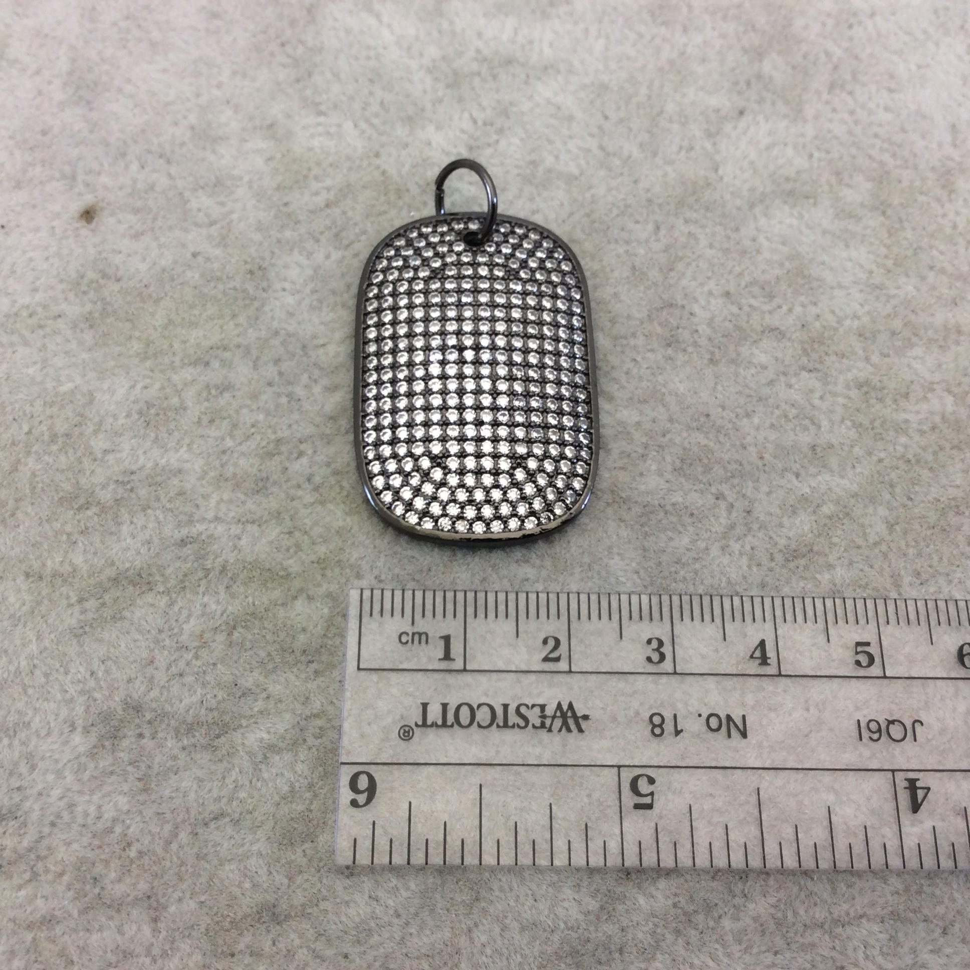 Gunmetal Plated CZ Cubic Zirconia Inlaid Rectangle/Dog Tag Shaped Copper Focal Pendant - Measuring 25mm x 35mm, Approx. - Sold Individually