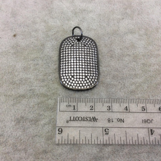 Gunmetal Plated CZ Cubic Zirconia Inlaid Rectangle/Dog Tag Shaped Copper Focal Pendant - Measuring 25mm x 35mm, Approx. - Sold Individually