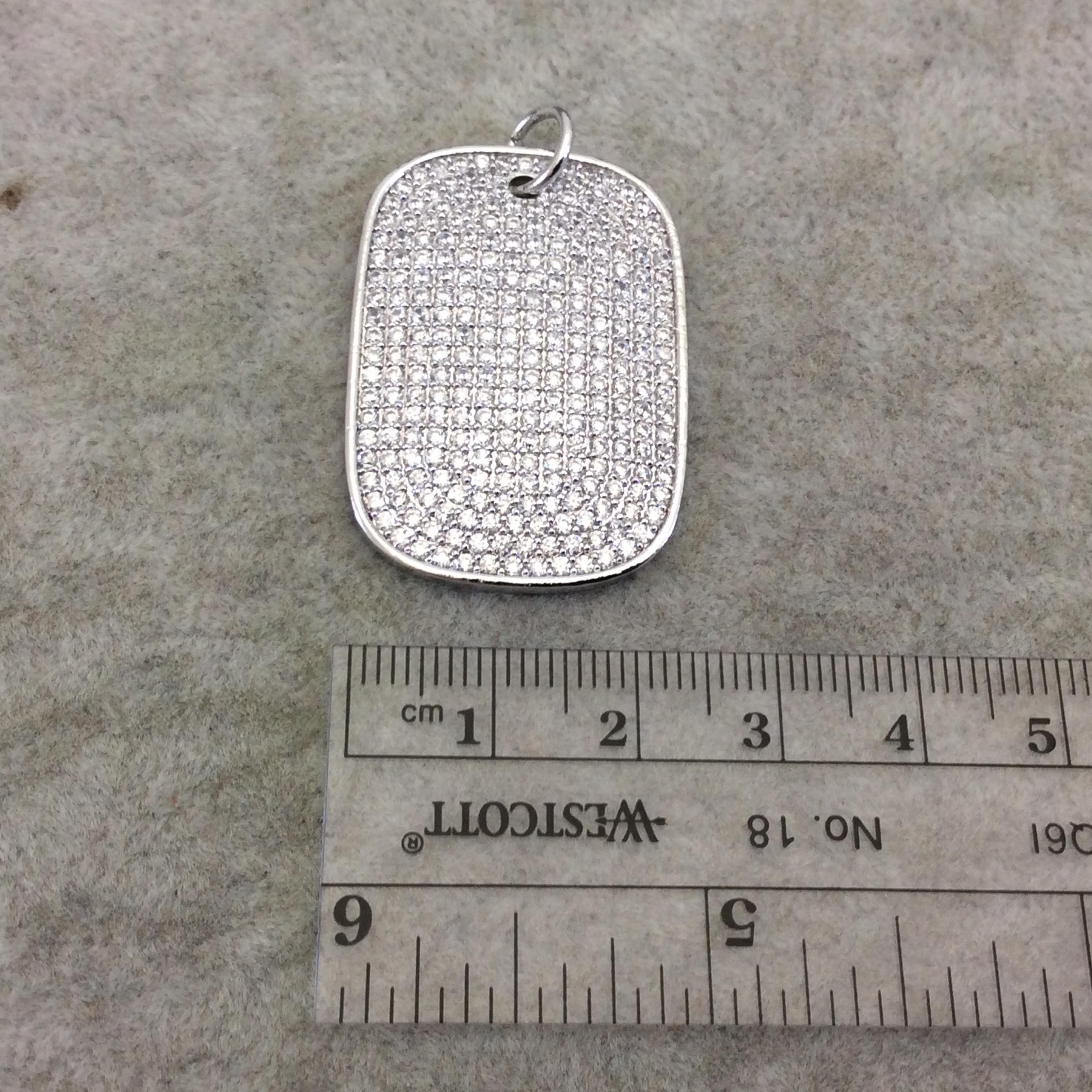 Silver Plated CZ Cubic Zirconia Inlaid Rectangle/Dog Tag Shaped Copper Focal Pendant - Measuring 25mm x 35mm, Approx. - Sold Individually