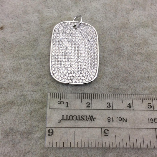 Silver Plated CZ Cubic Zirconia Inlaid Rectangle/Dog Tag Shaped Copper Focal Pendant - Measuring 25mm x 35mm, Approx. - Sold Individually