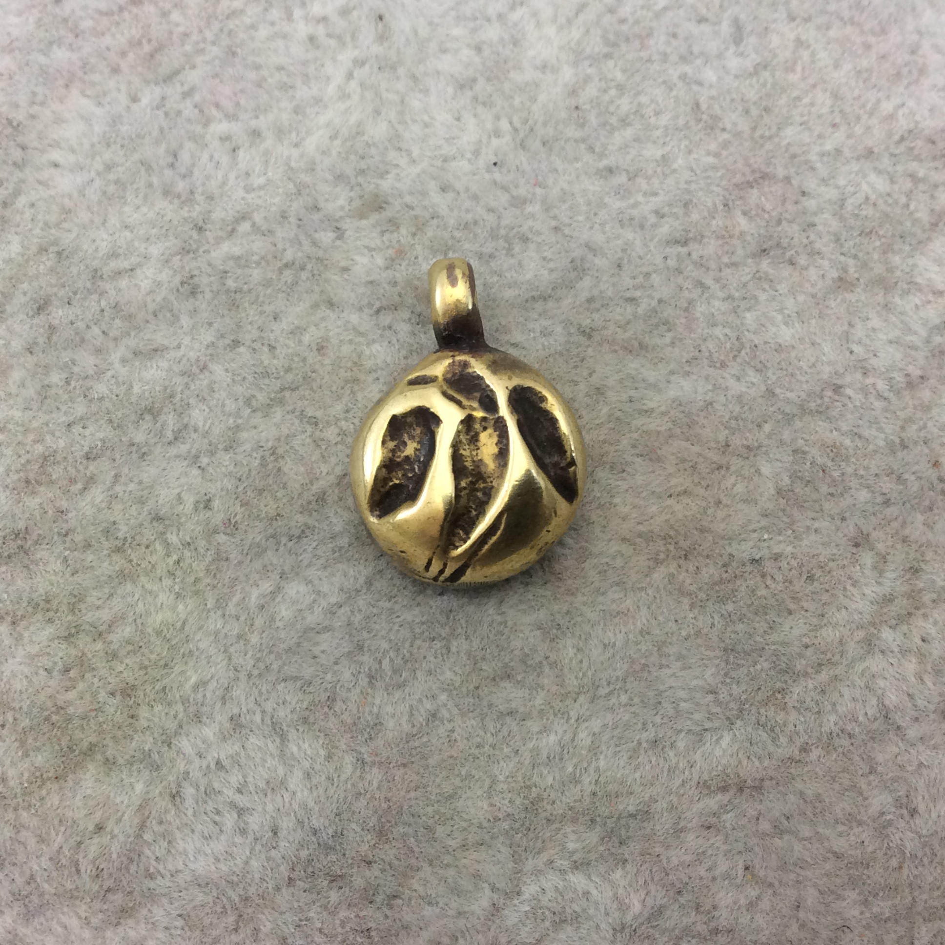 12mm x 12mm Oxidized Gold Plated Rustic Cast Hovering Bird Icon Copper Round Shaped Pendant w/ Attached Ring  - Sold Individually (K-33)