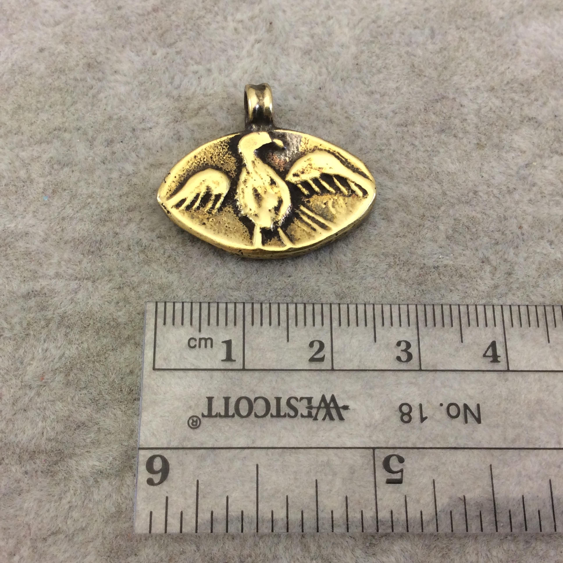15mm x 26mm Oxidized Gold Plated Rustic Cast Flapping Bird Icon Copper Marquise Shaped Pendant w/ Attached Ring  - Sold Individually (K-38)