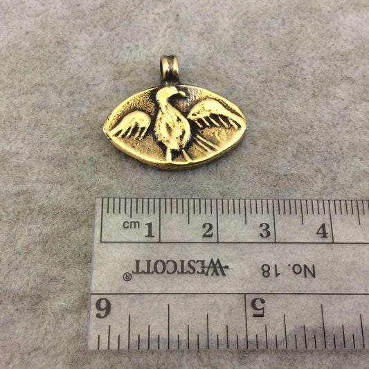 15mm x 26mm Oxidized Gold Plated Rustic Cast Flapping Bird Icon Copper Marquise Shaped Pendant w/ Attached Ring  - Sold Individually (K-38)