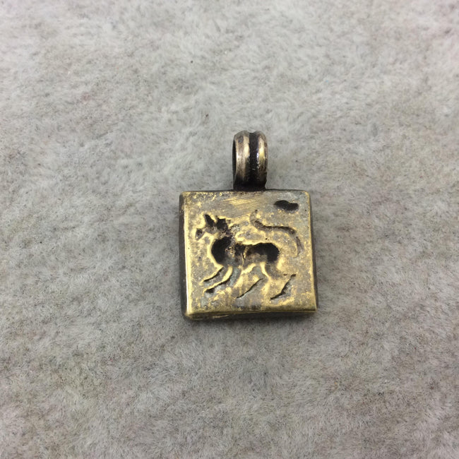 15mm x 15mm Oxidized Gold Plated Rustic Cast Wingless Griffin Icon Copper Square Shaped Pendant w/ Attached Ring  - Sold Individually (K-39)