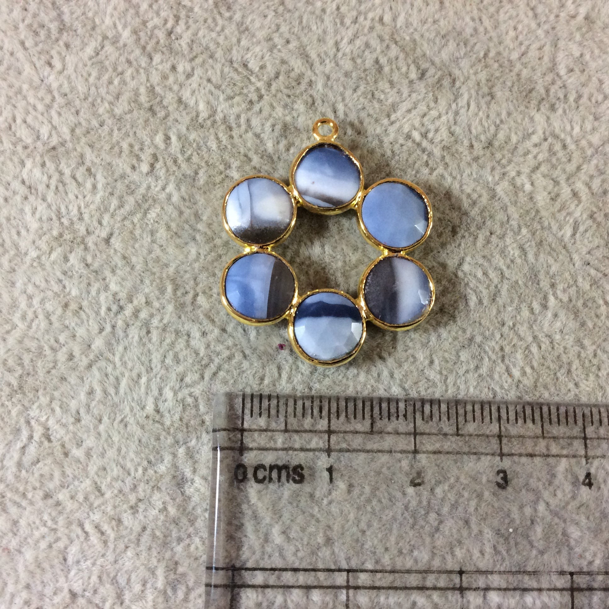 26mm Gold Finish Faceted Natural Blue Opal 6 Petal (8mm) Flower Shaped Plated Copper Bezel Pendant - Sold Individually, Random