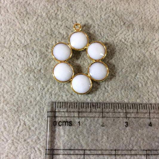 26mm Gold Finish Faceted Natural White Onyx 6 Petal (8mm) Flower Shaped Plated Copper Bezel Pendant - Sold Individually, Random