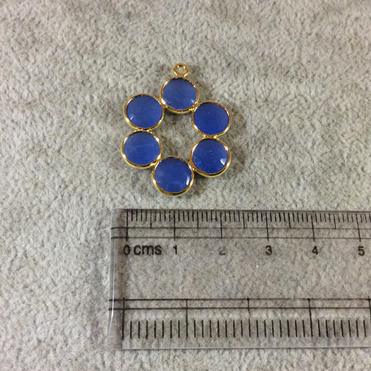 26mm Gold Finish Faceted Natural Blue Chalcedony 6 Petal (8mm) Flower Shaped Plated Copper Bezel Pendant - Sold Individually, Random