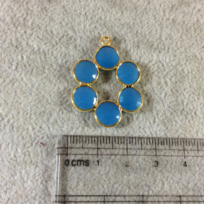 26mm Gold Finish Faceted Natural Sky Blue Chalcedony 6 Petal (8mm) Flower Shaped Plated Copper Bezel Pendant - Sold Individually, Random