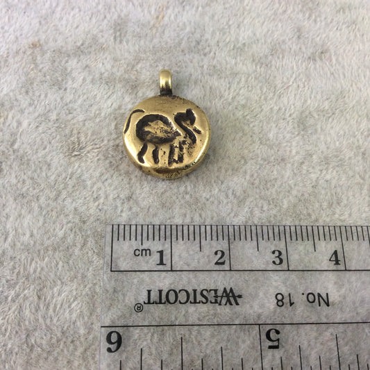 15mm x 15mm Oxidized Gold Plated Rustic Cast Standing Elephant Icon Copper Round Shaped Pendant w/ Attached Ring  - Sold Individually (K-46)
