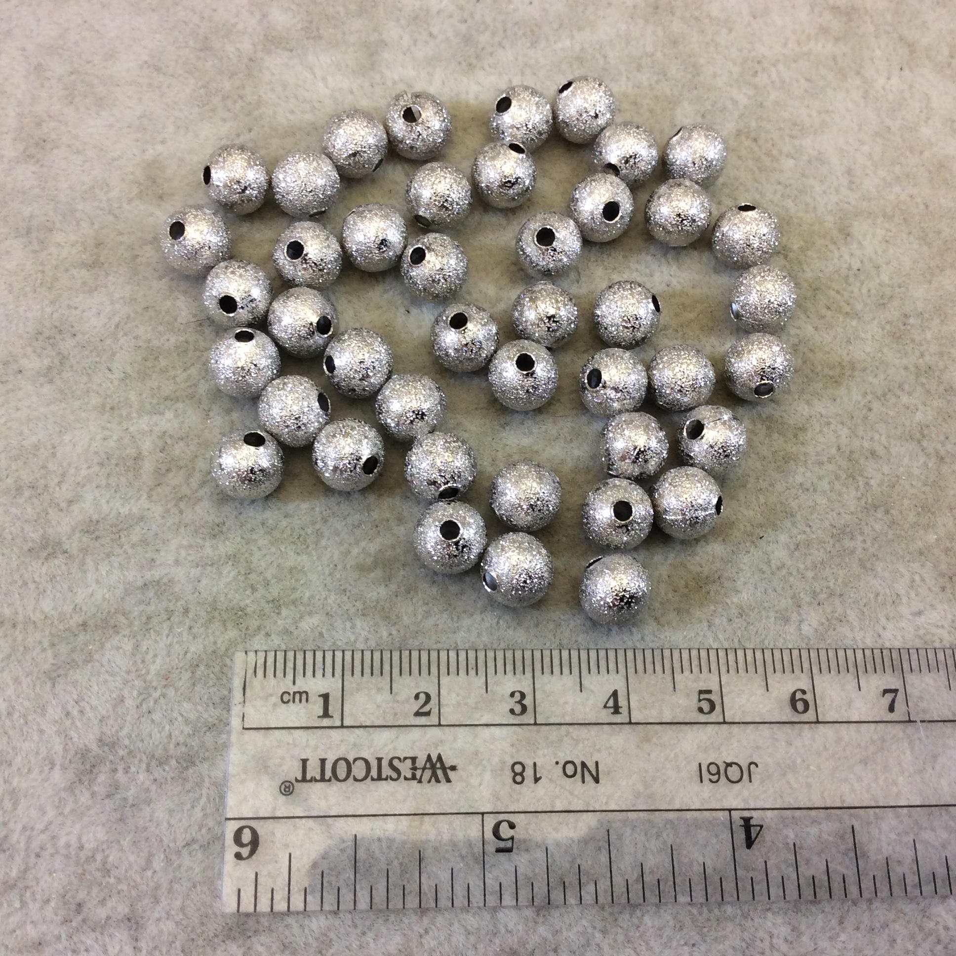 8mm Sandblasted Stardust Finish Silver Base Metal Round/Ball Beads with 1.5mm Holes - Loose, Sold in Pre-Packed Bags of 45 Beads