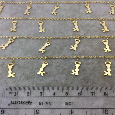 Gold Plated Copper Spaced Single Dangle Wrapped Chain with 6mm x 12mm Gold Skeleton Key Shaped Dangles - Sold by 1 Foot Length! (SD002-GD)