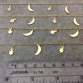 Gold Plated Copper Spaced Single Dangle Wrapped Chain with 9mm-12mm Long Gold Sun/Star and Moon Dangles - Sold by 1 Foot Length! (SD008-GD)