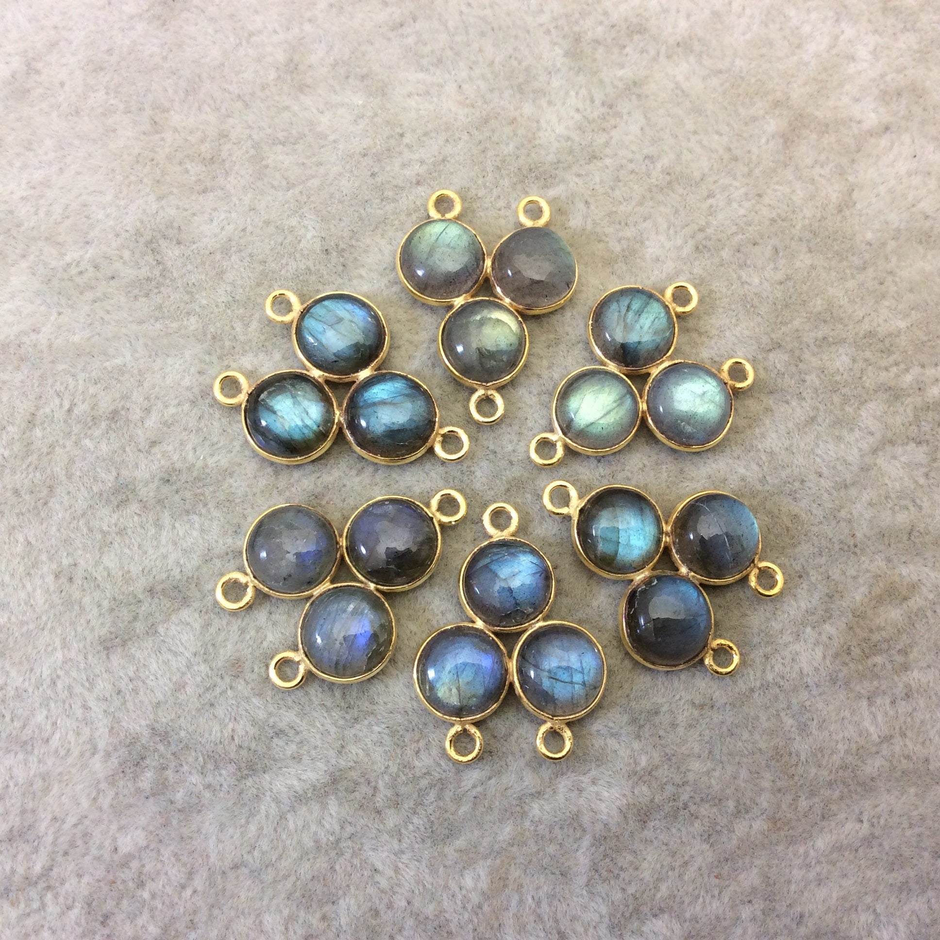 Labradorite Bezel | Gold Finish Smooth Natural Flashy 3 Stone (8mm) Trillion Shape Plated Copper 3 Ring Connector- 18mm x 18mm Sold  Indiv