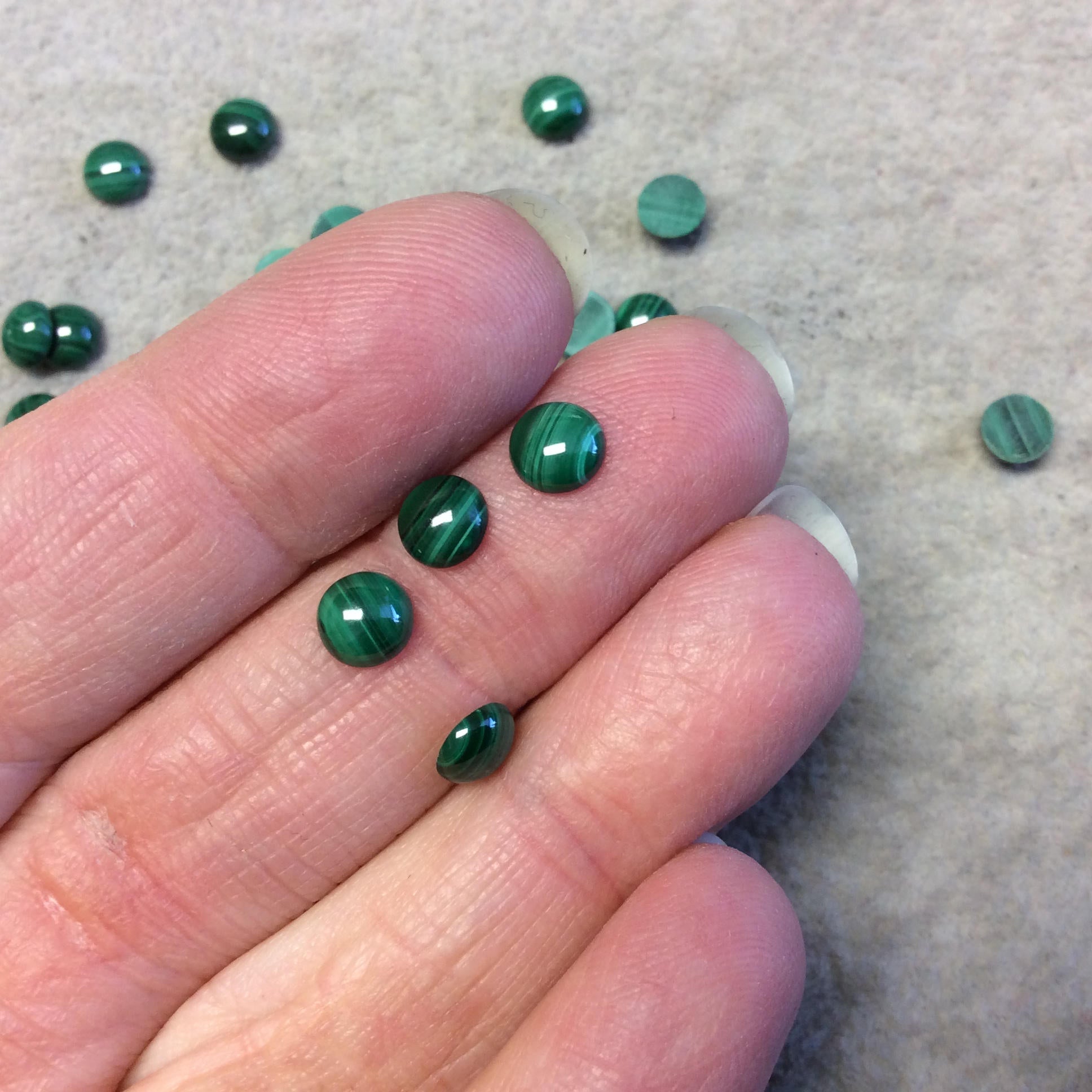 BULK LOT of Six (6) Assorted Round Shaped AAA Malachite Flat Back Cabochons - Measuring 6mm x 6mm, 2mm Dome Height - Randomly Selected