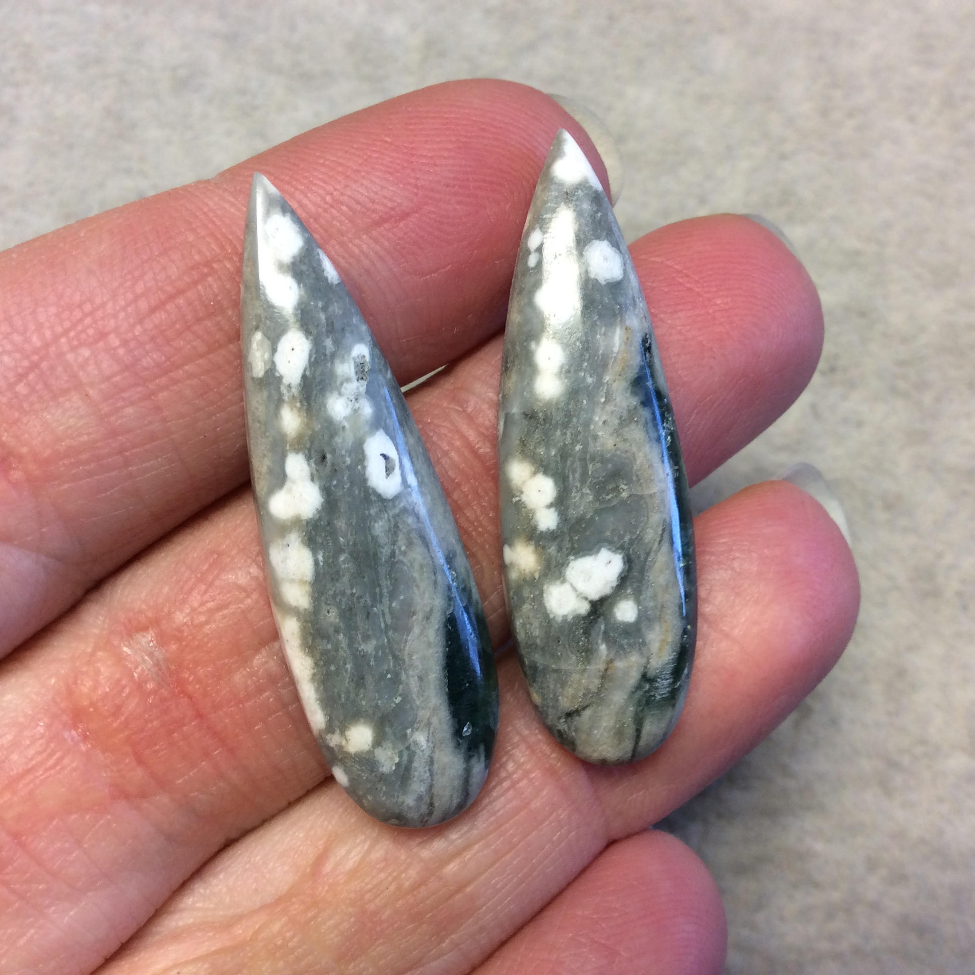 OOAK Pair of Natural Ocean Jasper Pear/Teardrop Shaped Flat Back Cabochons - Measuring 12mm x 40mm, 5mm Dome Height - Quality Gemstone