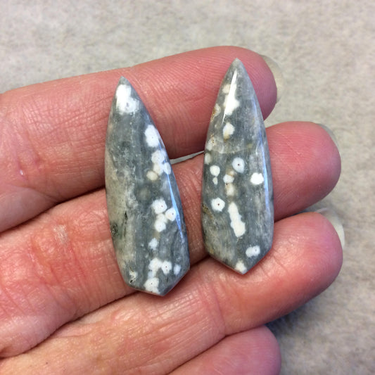 OOAK Pair of Natural Ocean Jasper Pointed Teardrop Shaped Flat Back Cabochons - Measuring 12mm x 35mm, 5mm Dome Height - Quality Gemstone