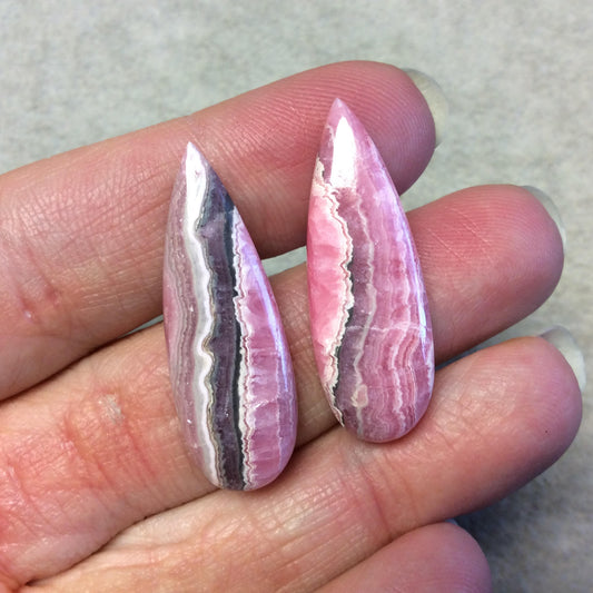 OOAK Pair of Natural Striped Rhodochrosite Pear/Teardrop Shaped Flat Back Cabochons - Measuring 12mm x 35mm, 5mm Dome - Quality Gemstone