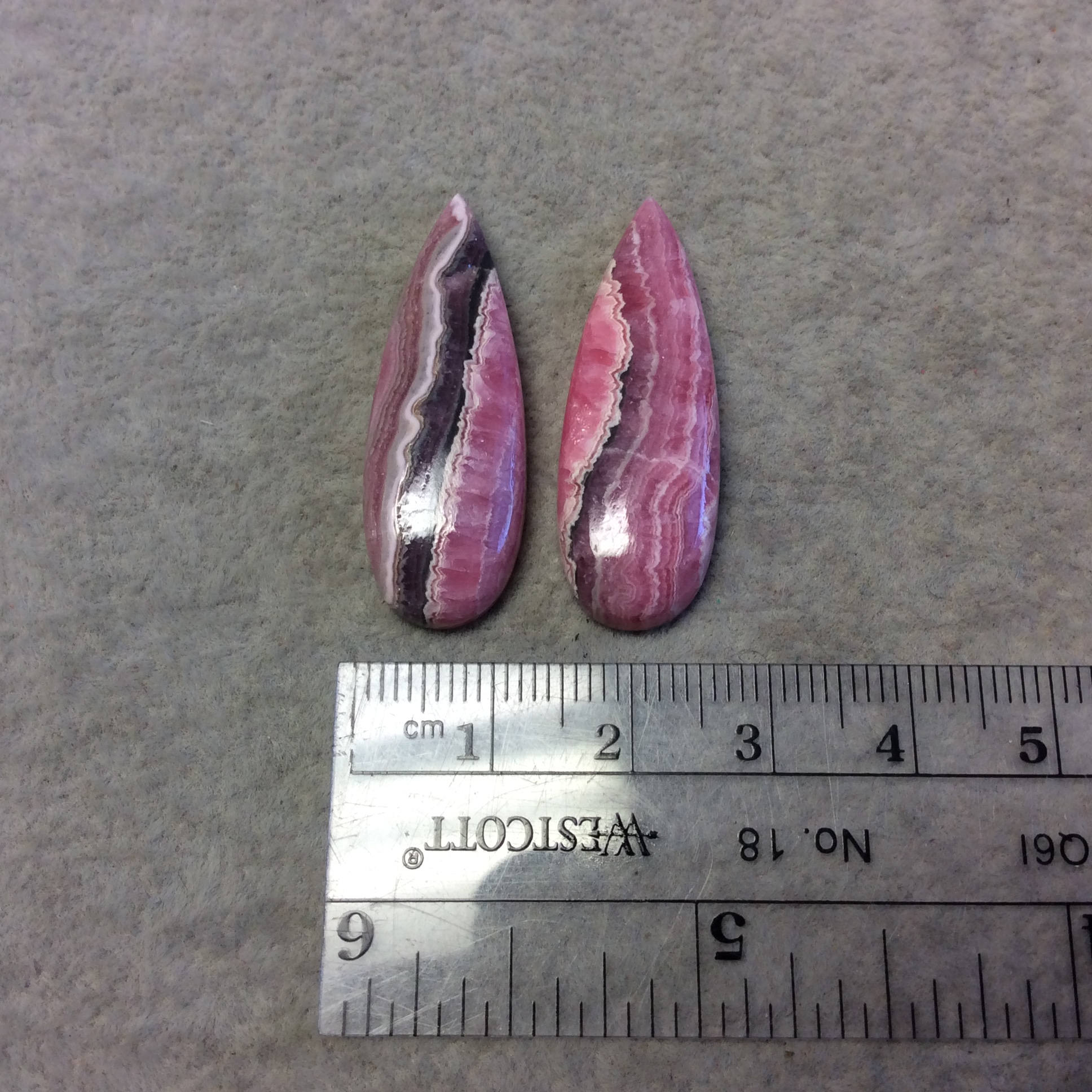 OOAK Pair of Natural Striped Rhodochrosite Pear/Teardrop Shaped Flat Back Cabochons - Measuring 12mm x 35mm, 5mm Dome - Quality Gemstone