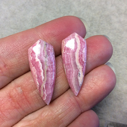 OOAK Pair of Natural Striped Rhodochrosite Pointed Teardrop Shaped Flat Back Cabochons - Measuring 12mm x 29mm, 5mm Dome - Quality Gemstone