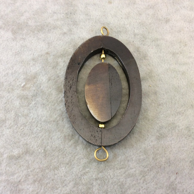 2.5" Warm Brown Oval/Oblong Shaped Natural Ox Bone Spinner Pendant with Gold Plated Beads/Suspension Rings - ~ 41mm x 62mm  - Sold Per Each