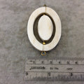 2.5" White Oval/Oblong Shaped Natural Ox Bone Spinner Pendant with Gold Plated Beads/Suspension Rings - Measures 41mm x 62mm Sold Per Each