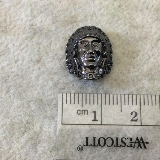 Gunmetal Plated CZ Cubic Zirconia Inlaid Native American Head Shaped Bead Black CZ - Measures ~ 13mm x 15mm,  - Sold Individually, RANDOM