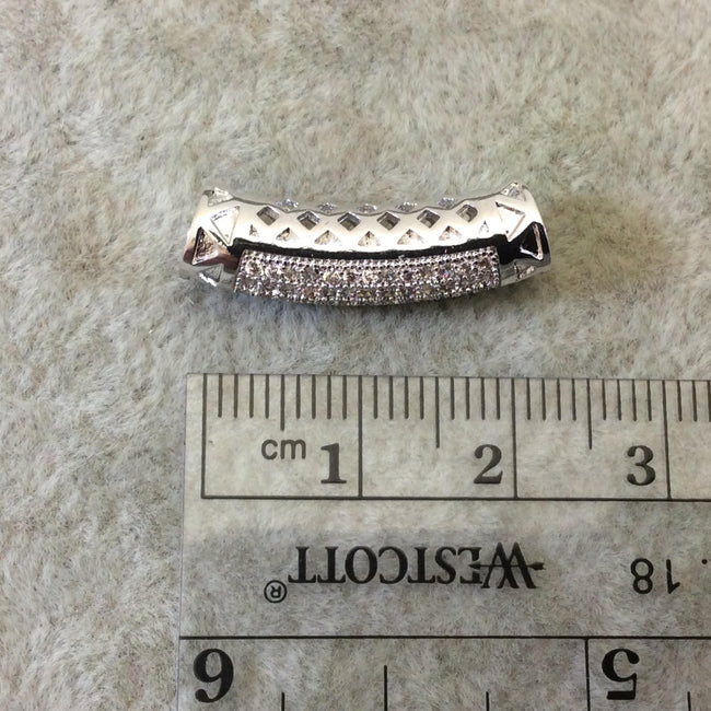 Silver Plated CZ Cubic Zirconia Inlaid Curved Tube/Macaroni Shaped Bead White CZ - Measures ~ 6mm x 23mm,  - Sold Individually, RANDOM