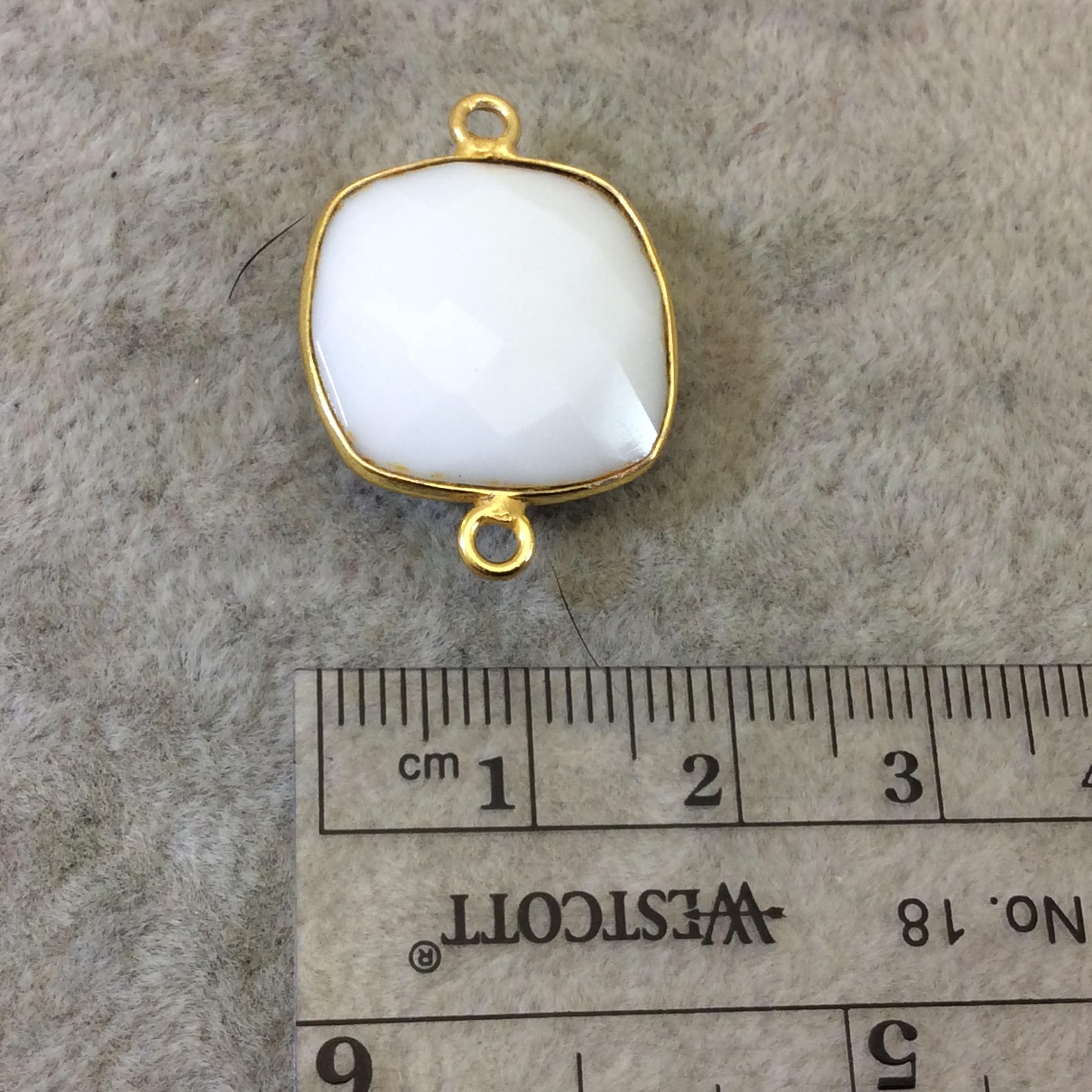Gold Plated Faceted White Hydro (Lab Created) Chalcedony Square Shaped Bezel Connector - Measuring 18mm x 18mm - Sold Individually