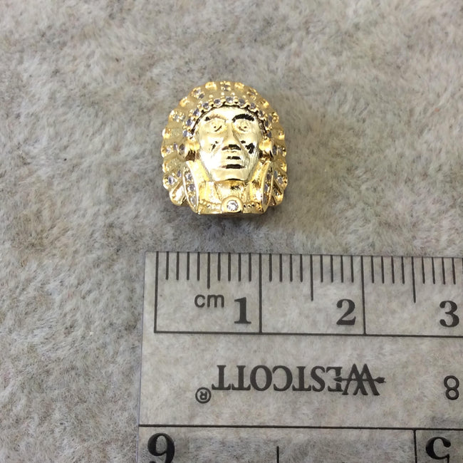 Gold Plated CZ Cubic Zirconia Inlaid Native American Head Shaped Bead White CZ - Measures 13mm x 15mm, Approx. - Sold Individually, RANDOM