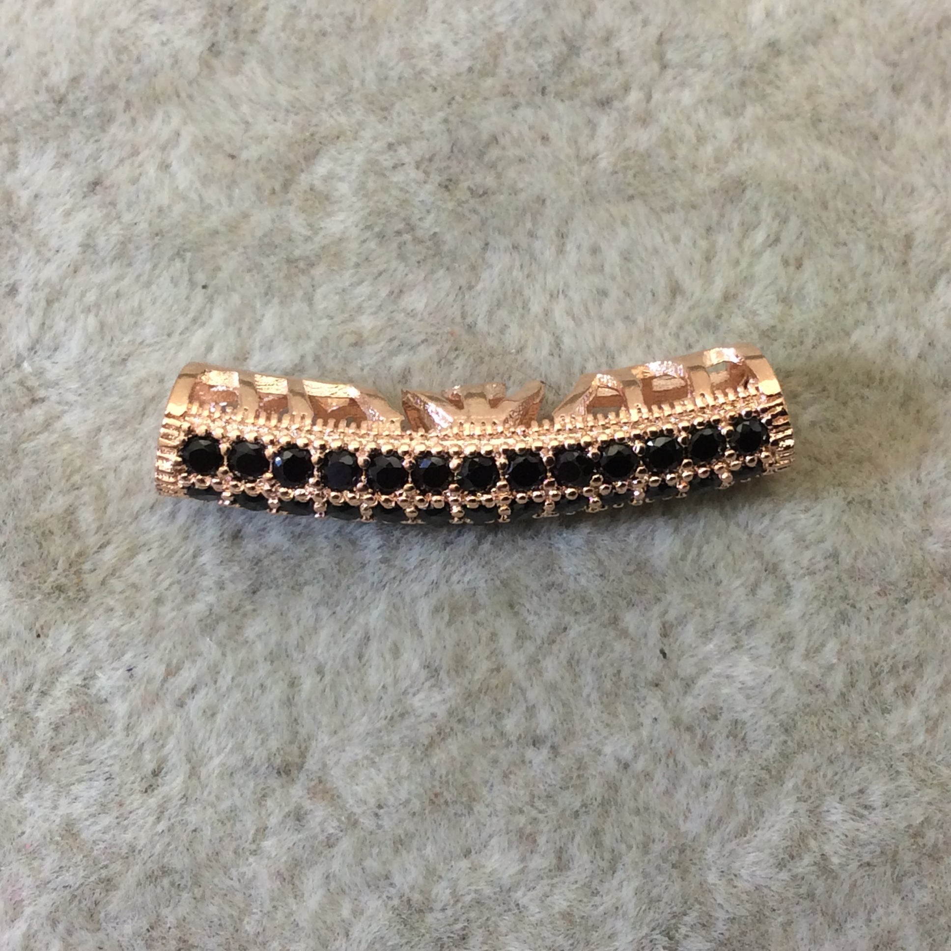 Rose Gold Plated CZ Cubic Zirconia Inlaid Curved Tube/Macaroni Shaped Bead W Black CZ - Measures ~ 5mm x 26mm,  - Sold Individually, RANDOM