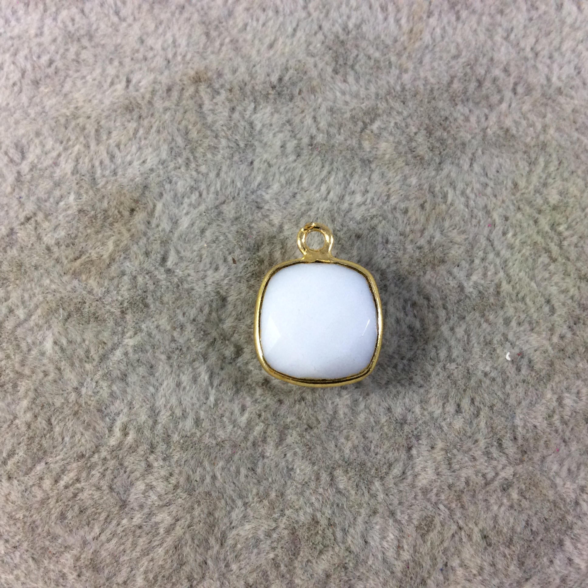 Gold Plated Faceted White Hydro (Lab Created) Chalcedony Square Shaped Bezel Pendant - Measuring 12mm x 12mm - Sold Individually