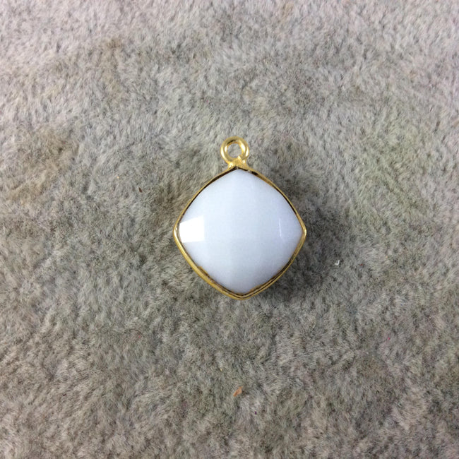 Gold Plated Faceted White Hydro (Lab Created) Chalcedony Diamond Shaped Bezel Pendant - Measuring 15mm x 15mm - Sold Individually
