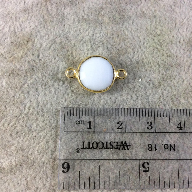 Gold Plated Faceted White Hydro (Lab Created) Chalcedony Round/Coin Shaped Bezel Connector - Measuring 12mm x 12mm - Sold Individually
