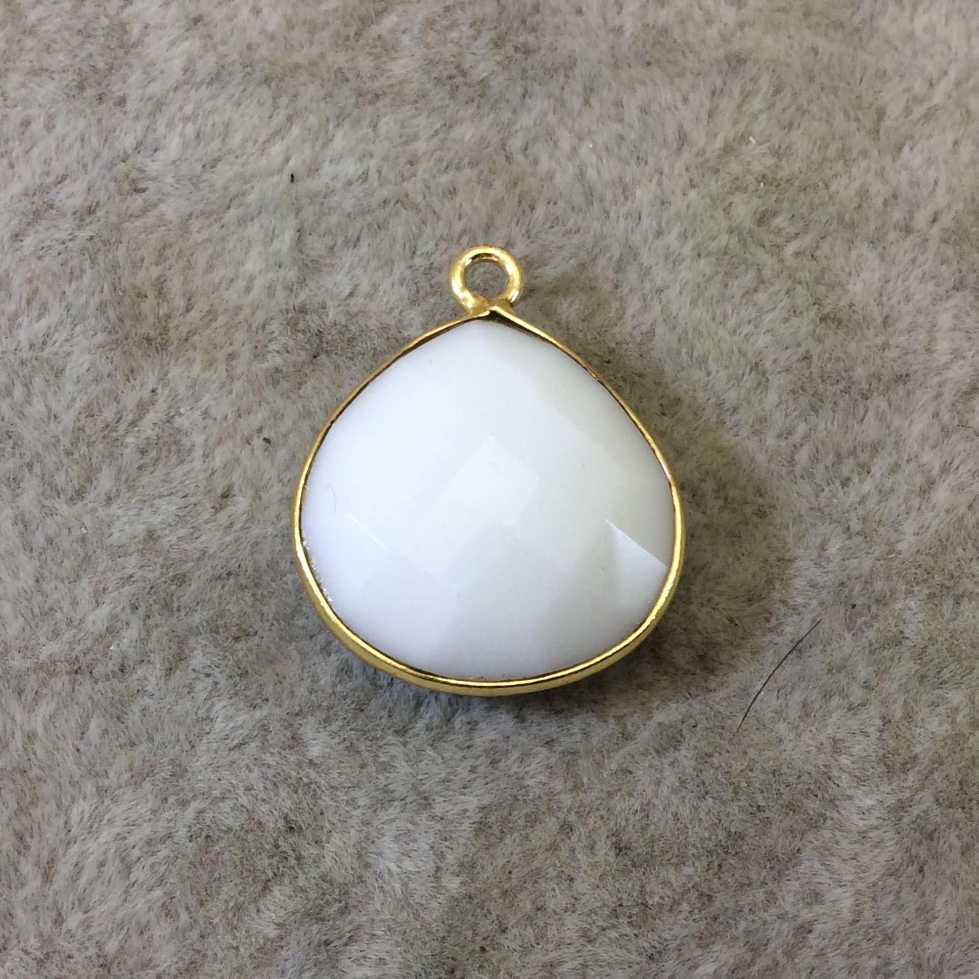 Gold Plated Faceted White Hydro (Lab Created) Chalcedony Heart/Teardrop Shaped Bezel Pendant - Measuring 18mm x 18mm - Sold Individually