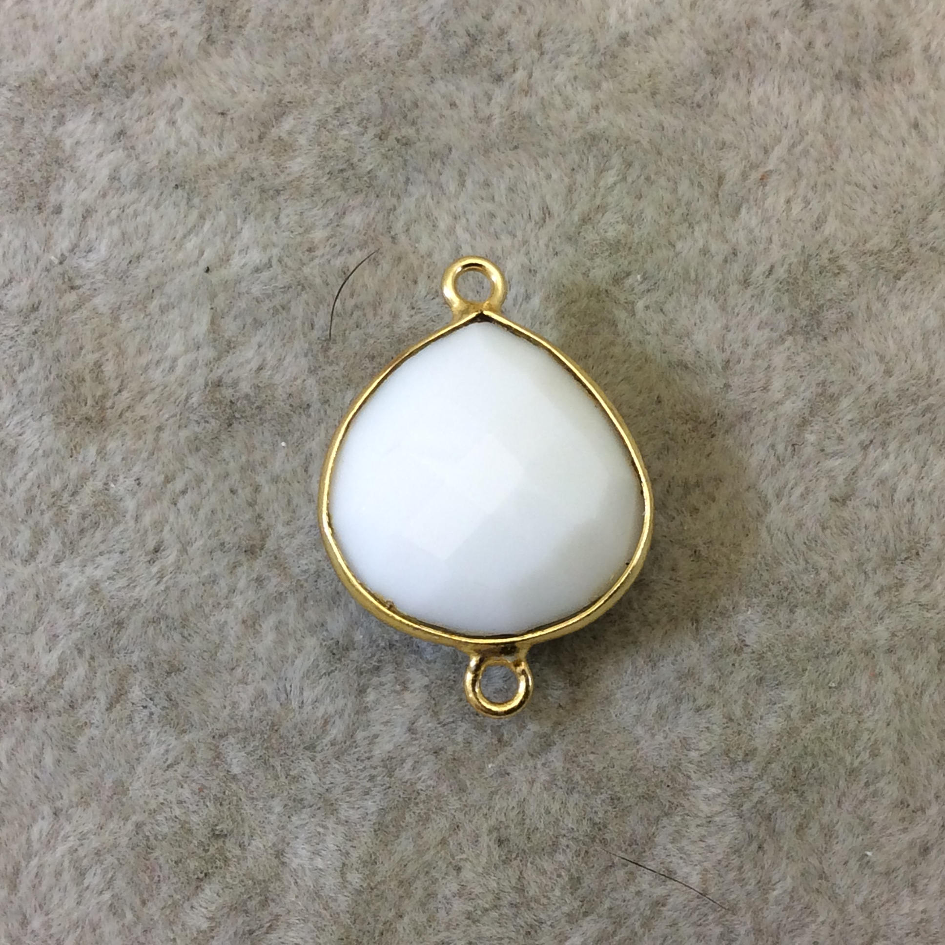 Gold Plated Faceted White Hydro (Lab Created) Chalcedony Heart/Teardrop Bezel Connector - Measuring 18mm x 18mm - Sold Individually