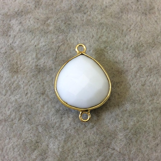 Gold Plated Faceted White Hydro (Lab Created) Chalcedony Heart/Teardrop Bezel Connector - Measuring 18mm x 18mm - Sold Individually