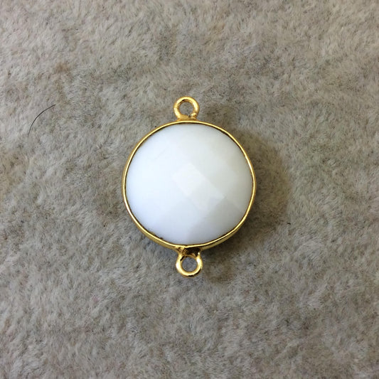 Gold Plated Faceted White Hydro (Lab Created) Chalcedony Round/Coin Shaped Bezel Connector - Measuring 18mm x 18mm - Sold Individually