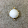 Gold Plated Faceted White Hydro (Lab Created) Chalcedony Round/Coin Shaped Bezel Connector - Measuring 18mm x 18mm - Sold Individually