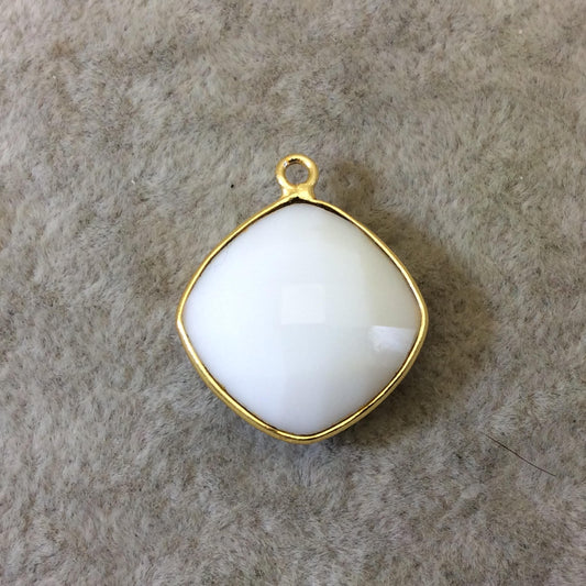 Gold Plated Faceted White Hydro (Lab Created) Chalcedony Diamond Shaped Bezel Pendant - Measuring 18mm x 18mm - Sold Individually