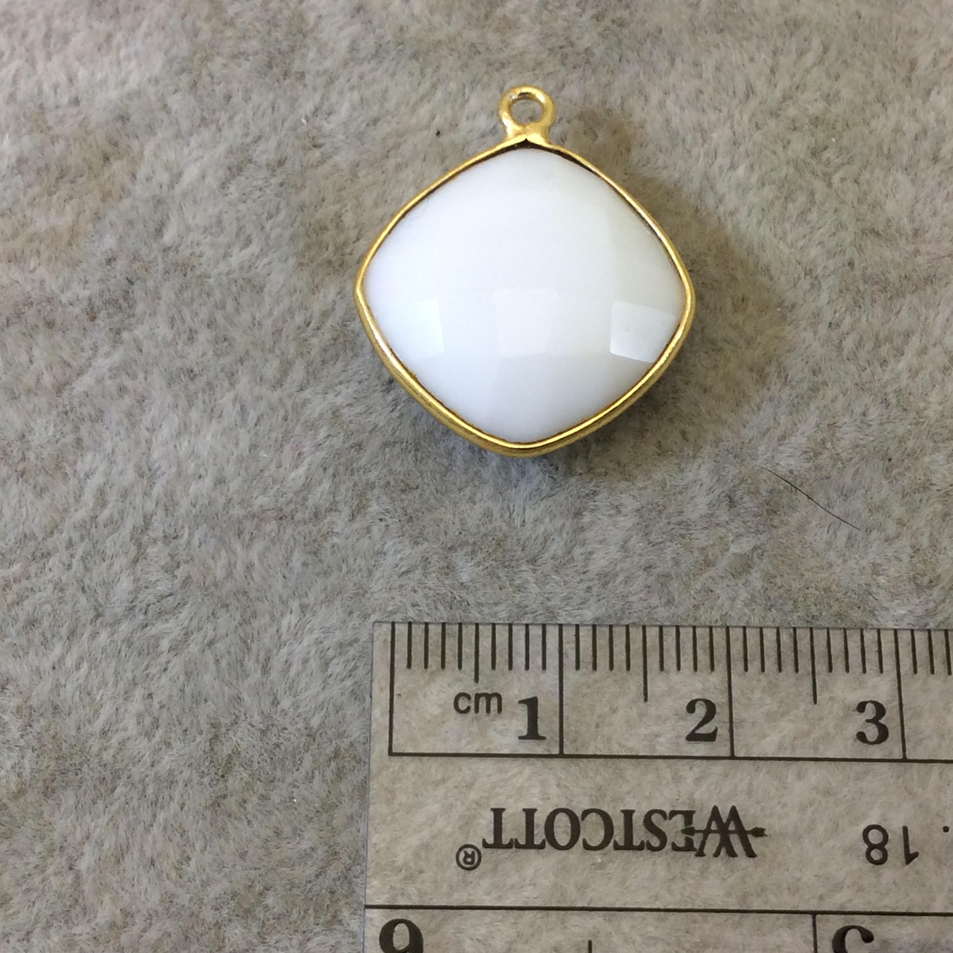 Gold Plated Faceted White Hydro (Lab Created) Chalcedony Diamond Shaped Bezel Pendant - Measuring 18mm x 18mm - Sold Individually