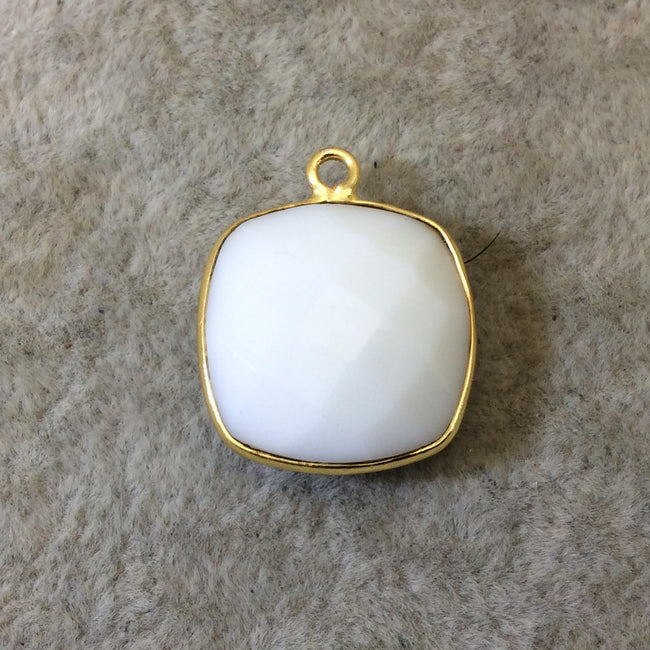 Gold Plated Faceted White Hydro (Lab Created) Chalcedony Square Shaped Bezel Pendant - Measuring 18mm x 18mm - Sold Individually