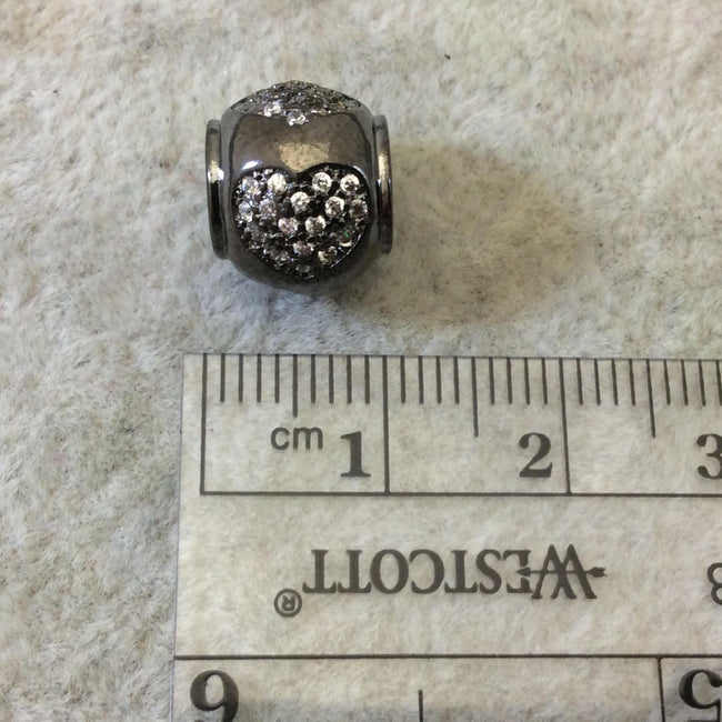 Gunmetal Plated CZ Cubic Zirconia Inlaid Rolled Edge Urn Shaped Bead W White CZ Hearts -  ~ 9mm x 10mm,  - Sold Individually, Random